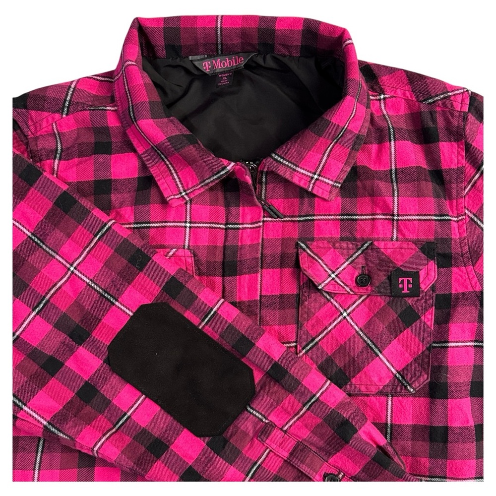 T-Mobile Pink Plaid Shirt Jacket Full Zip Up Elbow Patches Work Shirt Women’s XL
